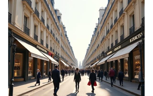 Vue sur le quartier Saint-Honoré avec boutiques de luxe et architecture haussmannienne
